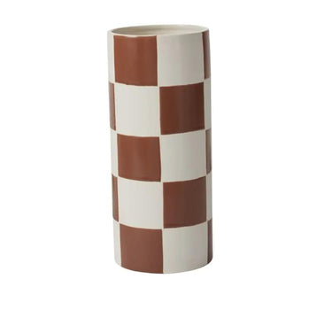 Brown checkerboard vase, 5x12 inches, ceramic.
