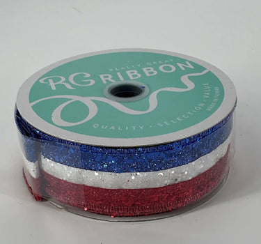 Craig Bachman Red, White, and Blue Glitter Striped Ribbon 1.5" x 10 Yd - Uncategorized Ribbon