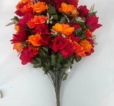GSC Rose/Hydrangea/Star Flower Mixed Bush Scarlet/Orange 31" - Artificial Flowering Plants Silk