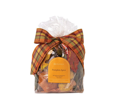 Aromatique Pumpkin Spice potpourri in a clear bag with orange plaid ribbon