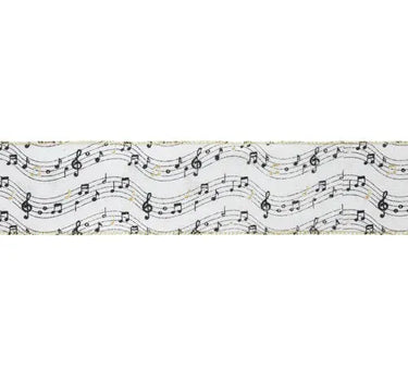 La Ribbons Musical Notes on White Wired Ribbon 2.5"Wx10yd - Ribbons & Trim Ribbon