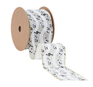 La Ribbons Musical Notes on White Wired Ribbon 2.5"Wx10yd - Ribbons & Trim Ribbon
