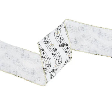 La Ribbons Musical Notes on White Wired Ribbon 2.5"Wx10yd - Ribbons & Trim Ribbon