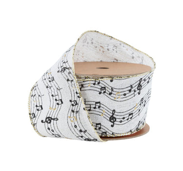 La Ribbons Musical Notes on White Wired Ribbon 2.5"Wx10yd - Ribbons & Trim Ribbon