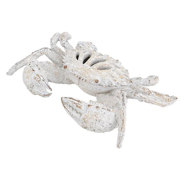 Decorative White Crab Sculpture with Distressed White Finish and Open-Cut Details 11" x 7.5" x 2.5"