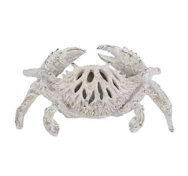 Decorative White Crab Sculpture with Distressed White Finish and Open-Cut Details 11" x 7.5" x 2.5"
