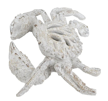 Decorative White Crab Sculpture with Distressed White Finish and Open-Cut Details 11" x 7.5" x 2.5"