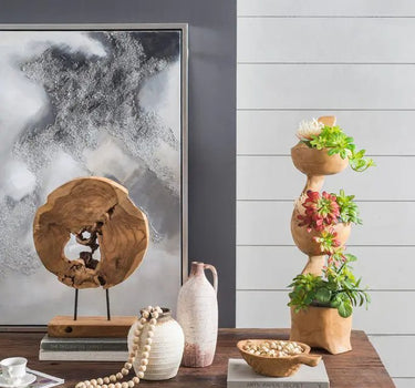 A&B Abstract Teak Wheel Sculpture with Stand Large 13.5" x 17.5" - Merchandise