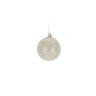 Glass champagne frosted ornament with silver hanging string and glitter texture.