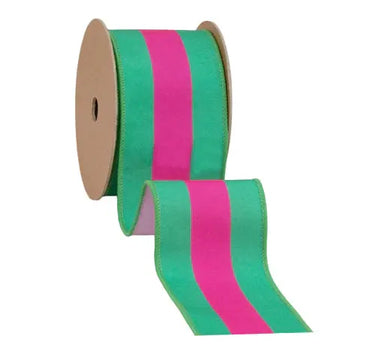 La Ribbons Striped Wired Dupioni Ribbon Hot Pink-Green 2.5"W x 10yd - Velvet Ribbons Ribbon