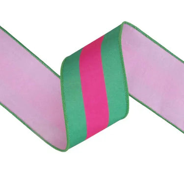 La Ribbons Striped Wired Dupioni Ribbon Hot Pink-Green 2.5"W x 10yd - Velvet Ribbons Ribbon