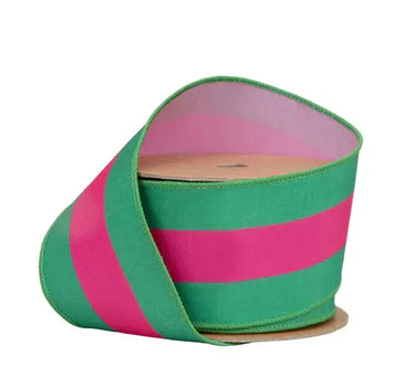 La Ribbons Striped Wired Dupioni Ribbon Hot Pink-Green 2.5"W x 10yd - Velvet Ribbons Ribbon