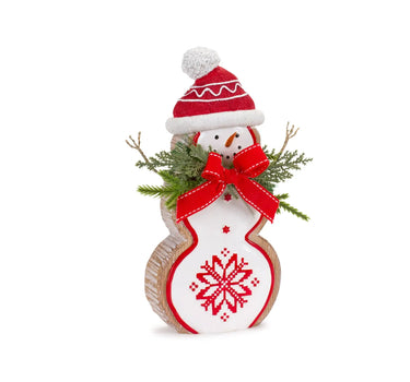 Melrose resin snowman figurine ornament with red hat and scarf, white pom-pom, greenery, and red bow
