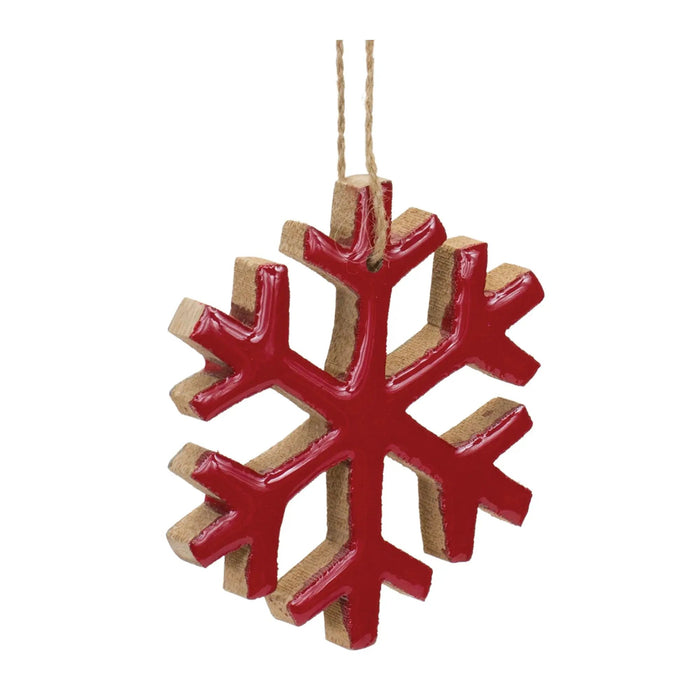 Red Wood Snowflake Ornament 4”H