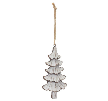 Resin brown-cream tree ornament by Melrose, 5in high, hung on jute rope.