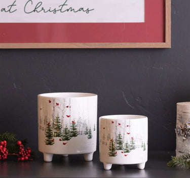 Dolomite Cardinal Pot, small 4.5-in, set of 2 white ceramic planters with evergreen trees and red cardinals.