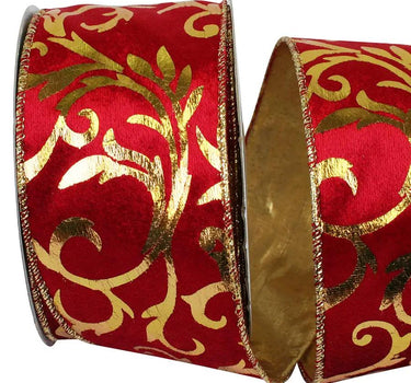 Scarlet/Gold Velvet Scroll Wired Ribbon 2.5"W x 10yd