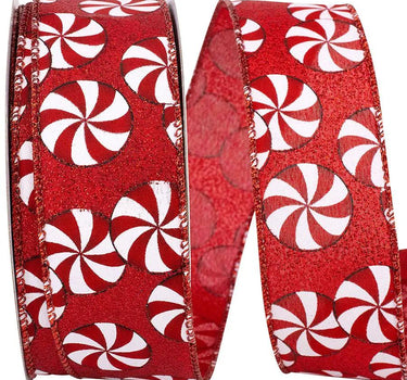 Red Glitter Peppermint Candy  Wired  Ribbon 1.5"W x 10yd