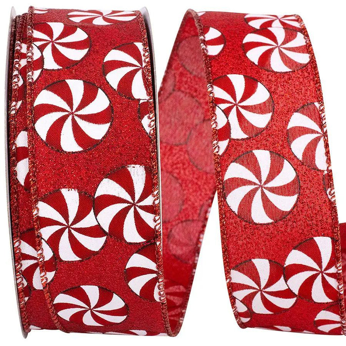 Red Glitter Peppermint Candy  Wired  Ribbon 1.5"W x 10yd
