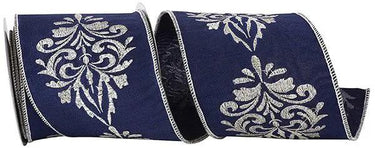 Reliant Crest Dupioni Wired Ribbon Navy/Silver 4" x 5 Yd - Uncategorized Ribbon