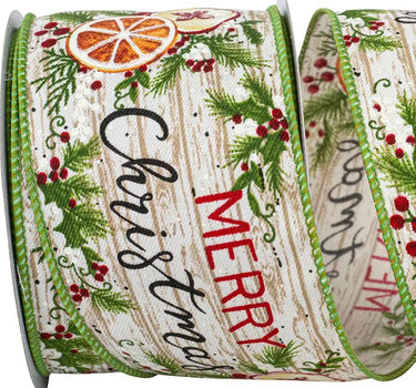 Natural/Green "Merry Christmas"  Wood-Look Wired  Ribbon 2.5"W x 10yd