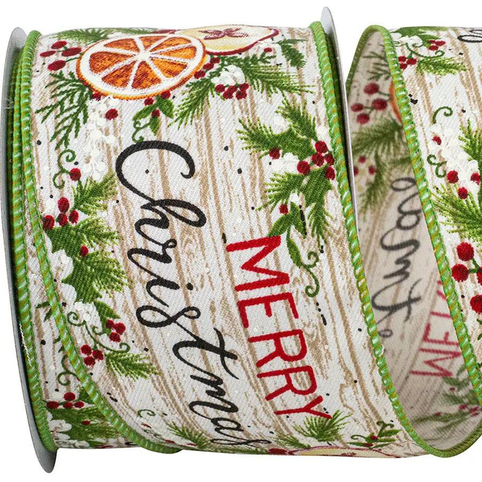 Natural/Green "Merry Christmas"  Wood-Look Wired  Ribbon 2.5"W x 10yd