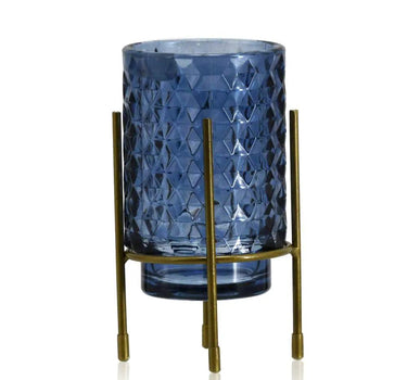 Diamond Star Blue Glass Vase on Stand 3.5"D x 7.1"H - Vases Merchandise