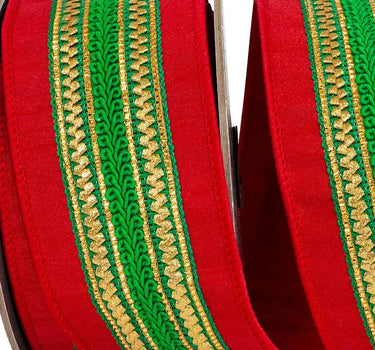 Regal Red/Green Stripe Dupioni Wired  Ribbon 2.5" x 5yd