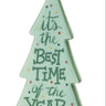 Ceramic Christmas tree sculpture in light turquoise with multicolor dots and the phrase It's the Best Time of the Year.