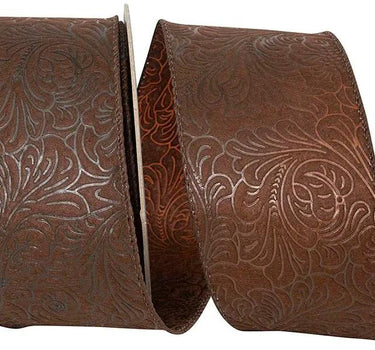 Reliant Leaf Scroll Embossed Wired Edge Ribbon Brown, 2.5"W x 10yd - Uncategorized Ribbon