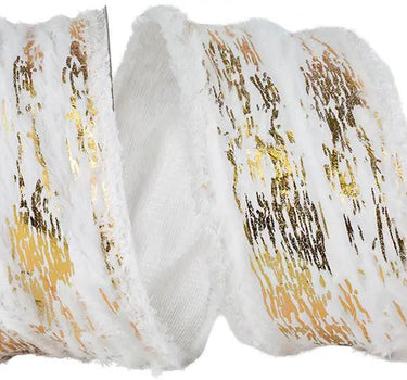 Reliant Furry Snow Cavern Metallic Frizette Wired Edge Ribbon White/Gold 2"W x10yd - Uncategorized Ribbon