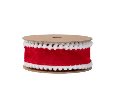 Red ribbon with white pom-pom edge on a spool, unwired, 1.5 in x 10 yd