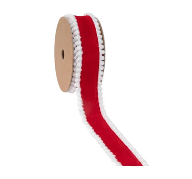 Ribbon: La Ribbons red unwired ribbon with white pom-pom edge, 1.5in x 10yd