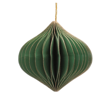 Green paper ornament with gold lines, hanging from a gold cord.
