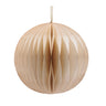 Cream paper ornament with gold-foil ribbed panels, hanging from a gold string.