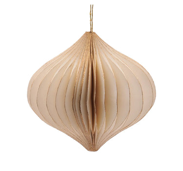 Cream paper ornament with vertical gold glitter stripes and hanging loop