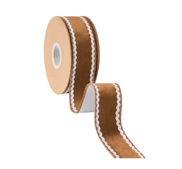 Gingerbread brown velvet ribbon with white wired edge on spool, 1.5in x 10yd, La Ribbons