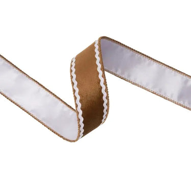Gingerbread brown wired velvet ribbon with white backing, 1.5 in x 10 yd, La Ribbons