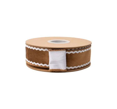 Gingerbread brown wired velvet ribbon with white backing, 1.5in x 10yd on spool