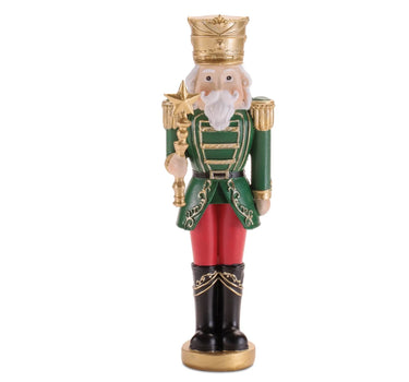 Resin Green-Red Soldier Nutcracker Figurine by Melrose, 7.75in tall.