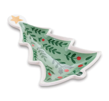 Ceramic tree-shaped trinket dish with green leafy pattern and yellow star on top