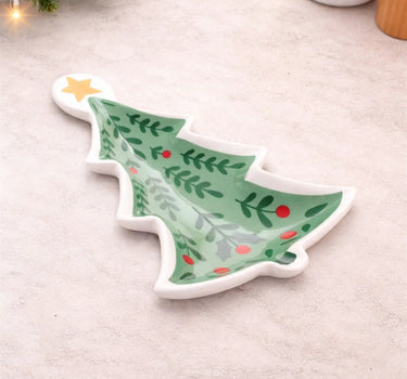 Ceramic Tree Trinket Dish by Melrose, green with leafy pattern and yellow star, 5.75 in long