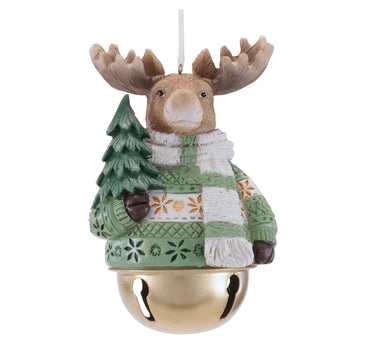 Resin sage moose/bird ornament, 3-inch hanging figurine with green tree accents