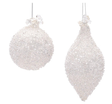 Glass white frosted ornament set, 2 pieces, by Melrose.