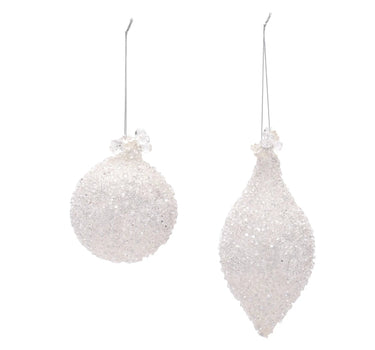 Glass white frosted ornament set of 2 by Melrose with crystal caps and silver cords