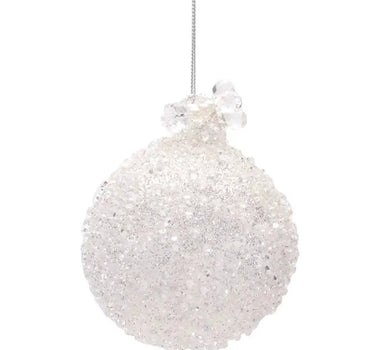 Glass white frosted ornament by Melrose, glittery round holiday decoration with silver hanging string