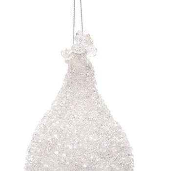 Glass White Frosted Ornament by Melrose hanging on a silver cord; holiday ornament.