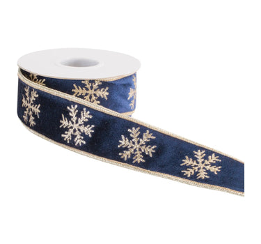 Ribbon Melrose navy and gold snowflake wired polyester, 1.5 in x 5 yd