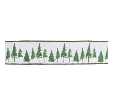 Melrose Green/White Ribbon w/ Trees 2.5" x 5yd Wired Polyester - Ribbons & Trim Ribbon