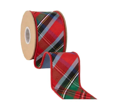 Ribbon La Ribbons plaid wired Dupioni, 2.5in x 10yd, red/green/blue with blue backing